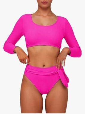 Women’s Long Sleeve Pink Bikini Set - Fashion Swimwear look at the photos